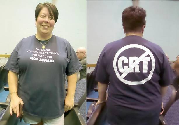 Blennie Kelly wears a tee-shirt stating her opposition to Covid safety measures on the front and Critical Race Theory on the back (Photo by Frances Ruth Harris)