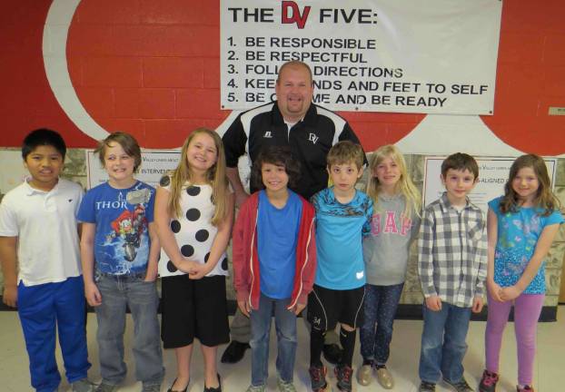 Third Grade Students of the Month: German Dircio, Skyler Peck, Samara Thompson, Gavin Jara-Schneider, Ben Bailor, Autumn Lewis, Logan Delgi-Angeli and Scarlet Sukovich with DVES Principal Aaron Weston.