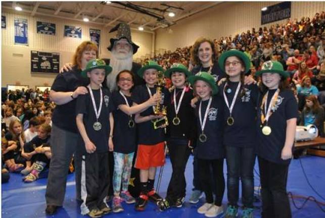 Delaware Valley Elementary School: Problem 2, Technical Difficulties, First Place, Division 1. From left: Cole Miller, Olivia Rowehl, Griffen Kowal, Sydney Garrison, Kaylee Kurcon, Elena Cirello, Ashley McKeon. Back row: Mrs. Tammy Curtis, Wizard of Pennsylvania, Mrs. Lori Schlenker (Photos provided)
