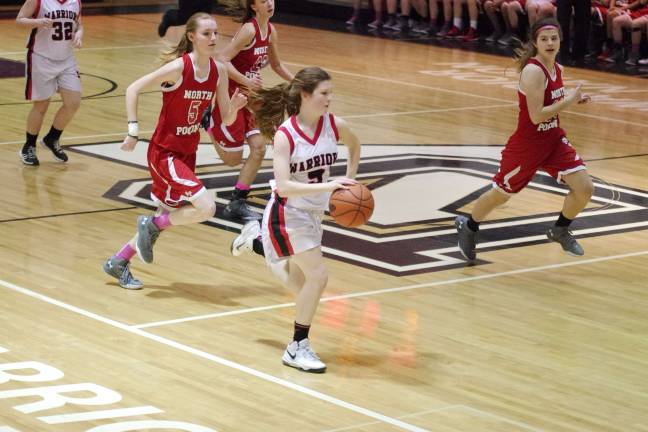 Delaware Valley’s Faith Fucetola dribbles the ball. She scored two points.