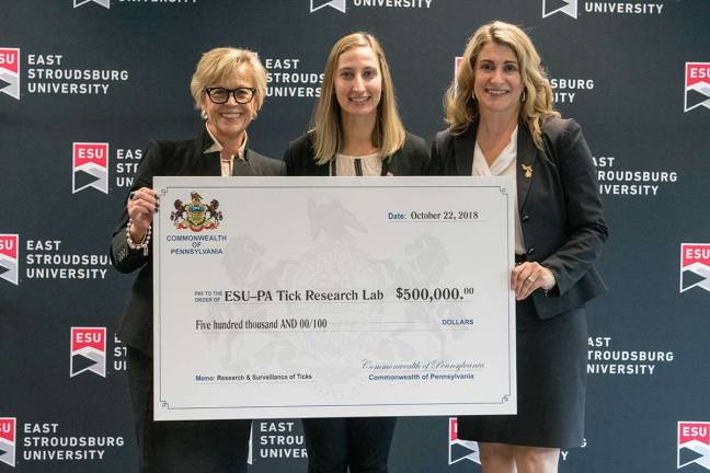 Lab gets a grant: from left are ESU President, Marcia G. Welsh, Ph.D.; Director, ESU Northeast Wildlife DNA Laboratory, Nicole Chinnici; State Representative Rosemary M. Brown (189th Legislative District) (Photo provided)
