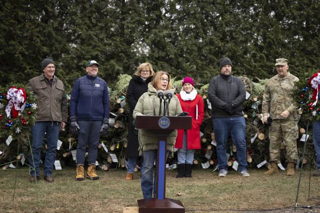 First Lady Lori Shapiro highlights the Trees for Troops program, which provides free, farm-grown Christmas trees to U.S. service members and their families through donations, in Lansdale, Pa. on December 5, 2025.