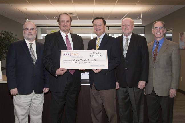 Pictured at the grant presentation (from left): Wayne Memorial Community Health Centers Finance Director Robert Fortuner; Paul Canevari, AllOne Foundation &amp; Charities board member; Wayne Memorial Hospital CEO David Hoff; Jack Dennis, Wayne Memorial Hospital Grants &amp; Development Manager; and AllOne Foundation Executive Director John Cosgrove (Photo provided)