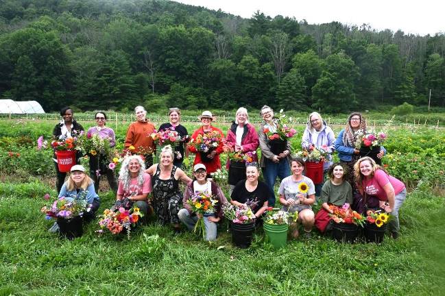 Participants in a July cut flower and design workshop at Willow Wisp Organic Farm.