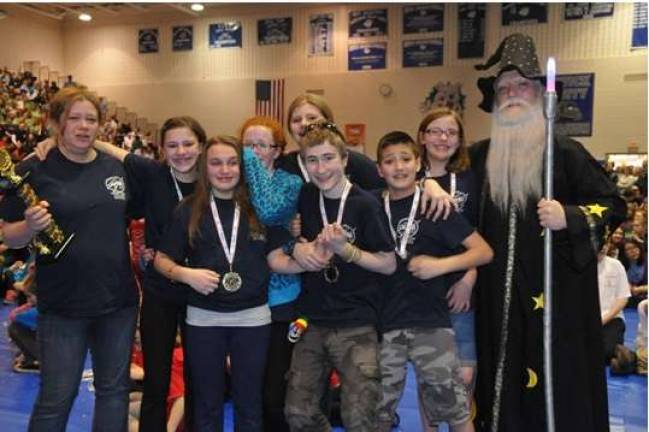 Dingmans Delaware Middle School: nProblem 5, Silent Movie, First Place, Division 2. From left: Mrs. Karen Wagenhoffer, Miriam Denhalter, Natalia Liszka, Gabby Quagliozzi, Marleigh Ziolkowski, Dominic Puglisi, Angus Muttee, Hannah Bush, Wizard of Pennsylvania.