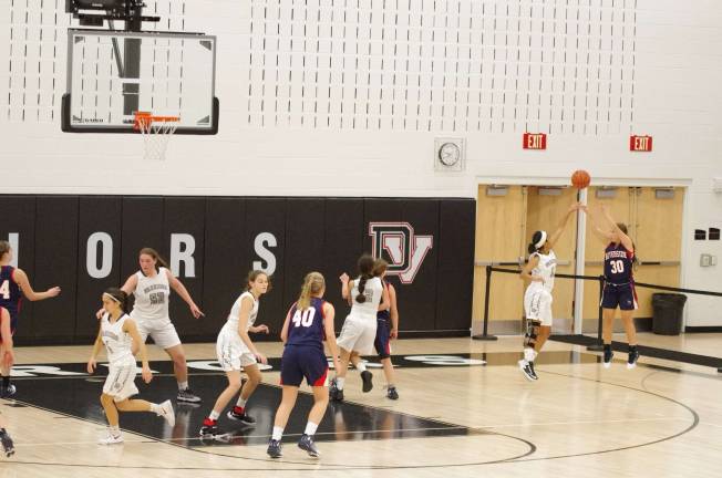 Delaware Valley’s Ciera Cavallaro attempts to block a shot by Riverside’s Julia Antoniacci