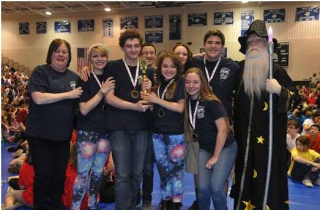 Delaware Valley High School: Problem 5 , Silent Movie, First Place, Division 3. Front row (from left): Mrs. Luann Charity, Kayli Ziolkowski, Jacob Ahlstrand, Gabrielle Felix, Carly Naundorff, Back row: Colin Kawan-Hemler, Lindsey Lockwood, Avery Larson, Wizard of Pennsylvania.
