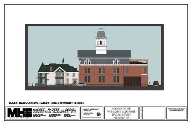 Architect's rendering showing east elevation on West High Street side.