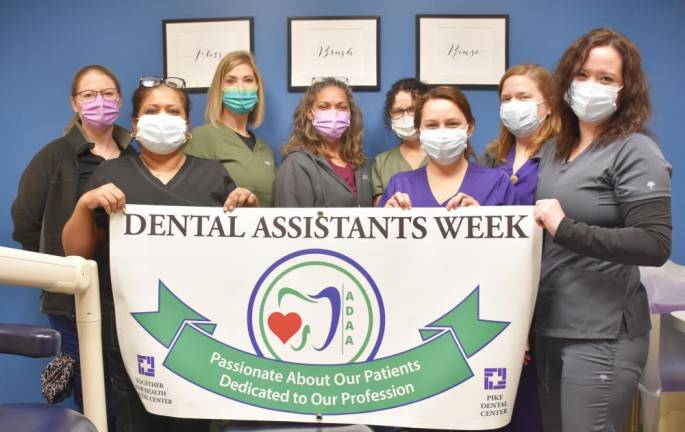 Dental assistants (front row) Kamini Bansgopaul, Amber Strasser and Kaitlyn McLaughlin and (back row) Fiona Lovely, Bonnie Utegg, Melissa Wills, Jill Miller and Emily LaTourette celebrate March 5-11, 2023 as Dental Assistants Recognition Week.