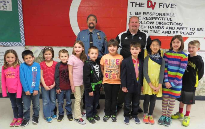 Artists of the Month: Josephine Lordi (KS), Harrison Bixby (KS), Allen Johnson (1R), Audrey Martin (1R), Draven Nitecki (2N), Eva Bogusta (2N), Jackson Romer (3T), Sydney Garrison (3T), Justin Lamoreaux (4C), Shin-Nae Moon (4C), Sophia Miller (5M) and Tyler Fean (5M) with DVES Principal Aaron Weston.
