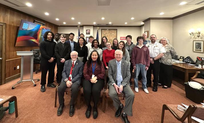 Pike County Commissioners Matthew Osterberg, Ronald Schmalzle, and Christa Caceres; Pike County Sheriff Brian Vennie; Penny Seltzer, Pike County Children and Youth Services Administrator; Sergeant Thomas Schwartz, Pike County Correctional Facility; and Youth Summit participants.