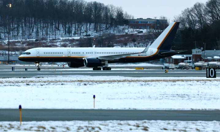 An airplane carrying captured Venezuelan President Nicolas Maduro lands at Stewart Air National Guard Base in Newburgh, N.Y. on Jan. 3, 2026.