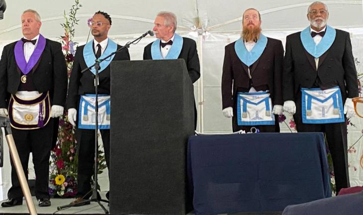 Masons from Dave Chant’s lodge recite the memorial blessing during his Celebration of Life on May 21 in Milford. Photos by Marilyn Rosenthal.