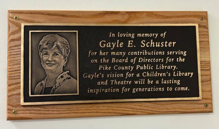 The plaque in the Children’s Room dedicated to Gayle Schuster.