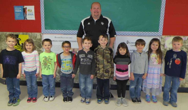 Kindergarten Students of the Month: Liam Orben-McDaniel, Braylynn DeGroat, Zachary Copertino, Jonathan Starikoff, Zion Colon, Logan MacDonald, Sarah Gilpin, Cameron Stark, Mary Orman and Williams Fells with DVES Principal Aaron Weston.