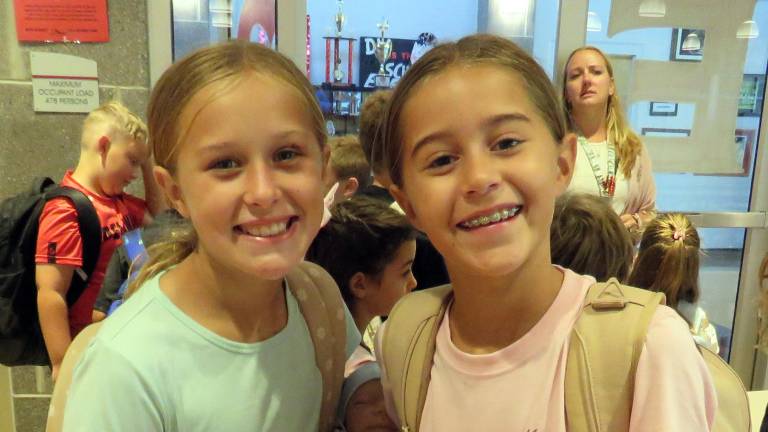 Brynn Holtzer and Mila Gonzalez smile for the camera on the first day of the 2026-27 school year at Delaware Valley Elementary School. Photos provided by Peg Snure.