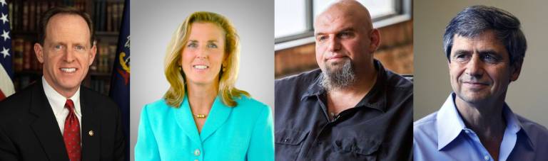 From left: U.S. Sen. Pat Toomey, Republican, and three Democrats running in the April 26 primary: Katie McGinty, John Fetterman, and Joe Sestak.