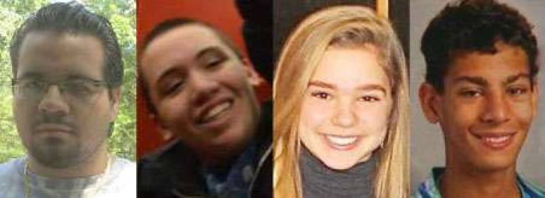 The four student-drivers in the car Tuesday are, from left: Antonio Baglivo and Paul Van Doran, who died Tuesday; Claudia Krebs, who was released from hospital on Wednesday; and Lucas O'Connor, who is in the Intensive Care Unit at Westchester Medical with life-threatening injuries.
