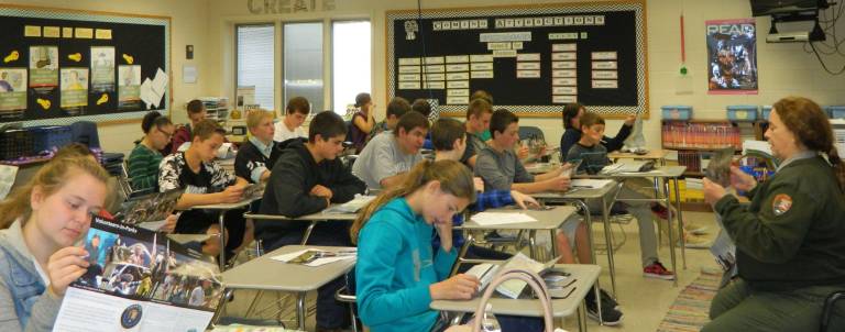 Park Service Connie Lloyd with students Emily Gigi, Olivia Gandolfo, Jake Peters, Noah Sorrell, Jack Curabba, Nick Ziegeler, Kyle Ziemba, Juliet O’Brien, Stefen Lindaas, Aidan Kane, Seth Croll, Matt Hartwell, and Shane Roche (Photo provided)