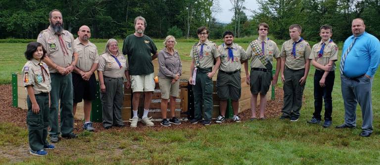 From left: TJ DeBLock, Pack 71; Mark DeBlock, Assistant Scoutmaster; Pat Ring, Scoutmaster; Carol Phillips, Assistant Scoutmaster; Bob Phillips, Project Coach; Mrs. Maida, Shohola Elementary School physical education teacher; Mark DeBlock, Eagle Scout candidate; Terrance Ring, Senior Patrol Leader; Troop 71 members Andrew Phillips, Chad Donlon, and Michael Donlon, and Aaron Weston, Shohola Elementary School principal.