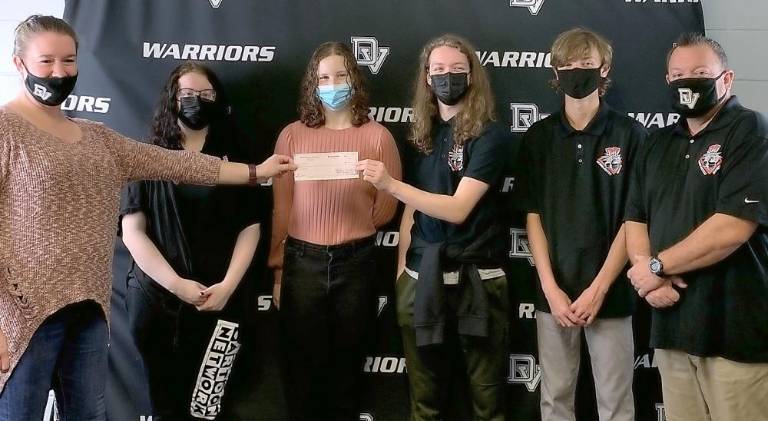 The students with their adviser donate the Port Jervis Elks Lodge #645 Children’s Christmas Project (from left): Erin Morrissey of the Elks Lodge #645, Isaak Courtright, Sara Flick, Ralph Courtright, Clint Murray, and Mr. Michael Murray, Scholastic Bowl Adviser. (Photo provided)