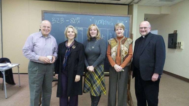 Mike Sullivan, Director of the Pike County Economic Development Authority; Randy Philhower, Program Administrator, Pike County Work Force Development Agency; Cynthia DeFebo, Director, Pike County Work Force Development Agency; Margaret Dietrich, Chair, Social Concerns Committee, Catholic Church; and St. Vincent DePaul’s Parish, Dingmans Ferry (Photo by Frances Ruth Harris)