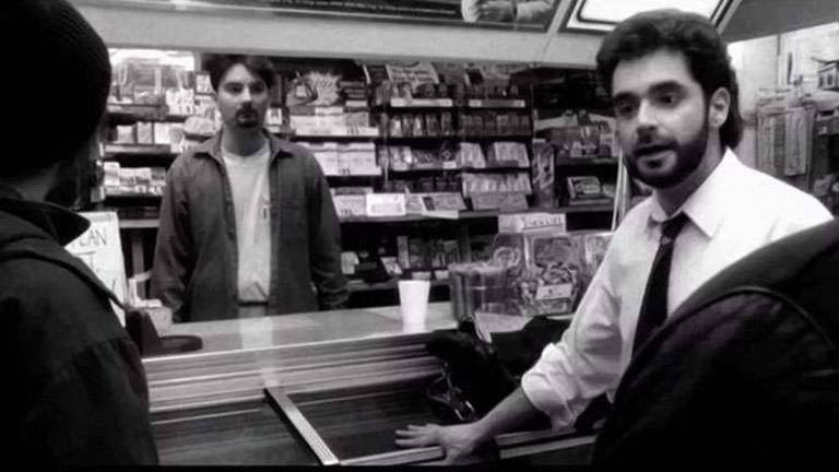 Brian O'Halloran (behind counter) and Scott Schiaffo in the 1994 cult film "Clerks"