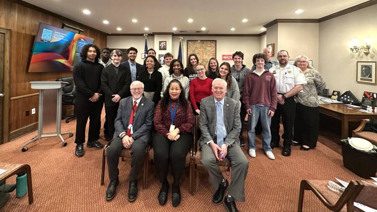 Pike County Commissioners Matthew Osterberg, Ronald Schmalzle, and Christa Caceres; Pike County Sheriff Brian Vennie; Penny Seltzer, Pike County Children and Youth Services Administrator; Sergeant Thomas Schwartz, Pike County Correctional Facility; and Youth Summit participants.