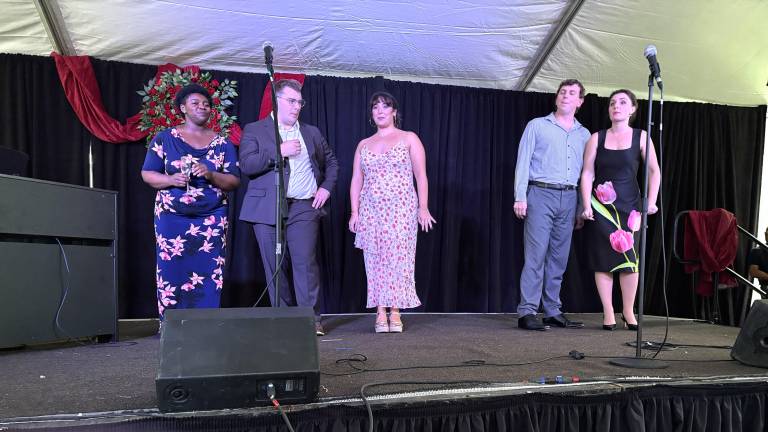 Left to right: Soprano Jasmine Rose, Tenor Ryan Michi, Mezzo-Soprano Maiya Williams, Bass-Baritone Dylan Gregg, and Soprano Emily Margevich.