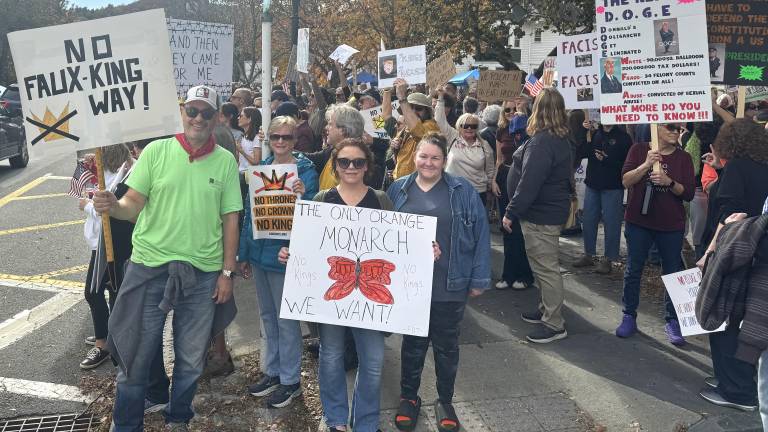 A crowd holds signs during the No Kings protest rally at the courthouse in Milford on Sat. Oct. 18.