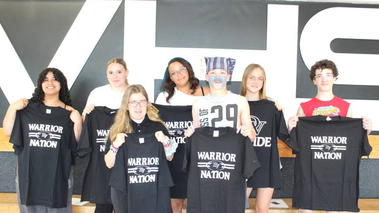 Several of DVHS May Students of the Month show off their Warrior Nation t-shirts. (Left to right – front row) Jasmyn Ruzzano and Jameson Kirschner.<b> </b>(Left to right –back row) Gianna Rodriguez, Samantha Baumann, Isabela Stahlman, Lily Red and Beau Tannenbaum