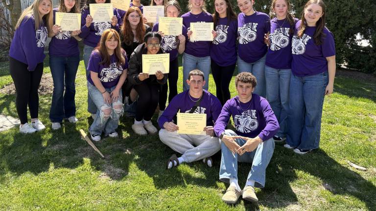 DVHS student journalists at the Tom Bigler Journalism Conference. Front row - Mike Iuzzolino and Lucas Petersheim. Middle row - JoeiMarie Cohen and Ashantia Dicette. Behind the middle row - Chloe Simonson and Emma Simmons. Back row - Vanessa Dispoto, Kaitlin Gelardi, Jaida Palacios, Reilly Newton, Lily Stoveken, Kimberly Smyser, Ella Becker, Josie Lordi, Keira LeMay and Lilian Seibert.