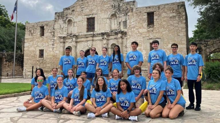 Members of Delaware Valley High School, Delaware Valley Middle School and Dingman Delaware Valley Middle School at the Alamo in San Antonio, Texas, during the Future Business Leaders of America Inc.’s National Leadership Conference. Beginning in the back row, pictured are: Eduardo Arias, Lindsey Smyser, Kim Smyser, Emma Simmons, Vidhi Patel, Joe Benavides, Ryan Warfsman, Mattias Itjen and Geunhyeok Choi; in the middle row are: Patty Chen, Jodie Harrison, Gia Cosentino, Isabella Bailey, Mayah Amici, Maryah Nuhn, Nathan Marx, Jay Hoar, Isabella Faust and Alexandria Tsiattalos; in front are: Grace Holderith, Elizabeth Bailey, Gracie Stoveken, Ava Troup and Skarlet DePutron. Photo provided by Leslie Lordi/Delaware Valley School District.