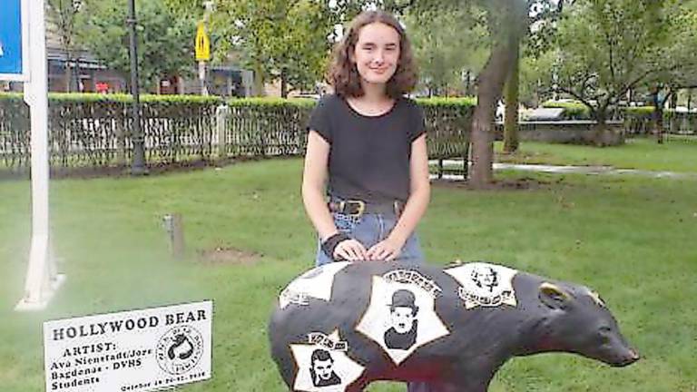Ava Nienstadt with Hollywood Bear, which she co-created with Jore Bogdonas. Ava will pursue an art education at Temple University this fall (Photo by Frances Ruth Harris)